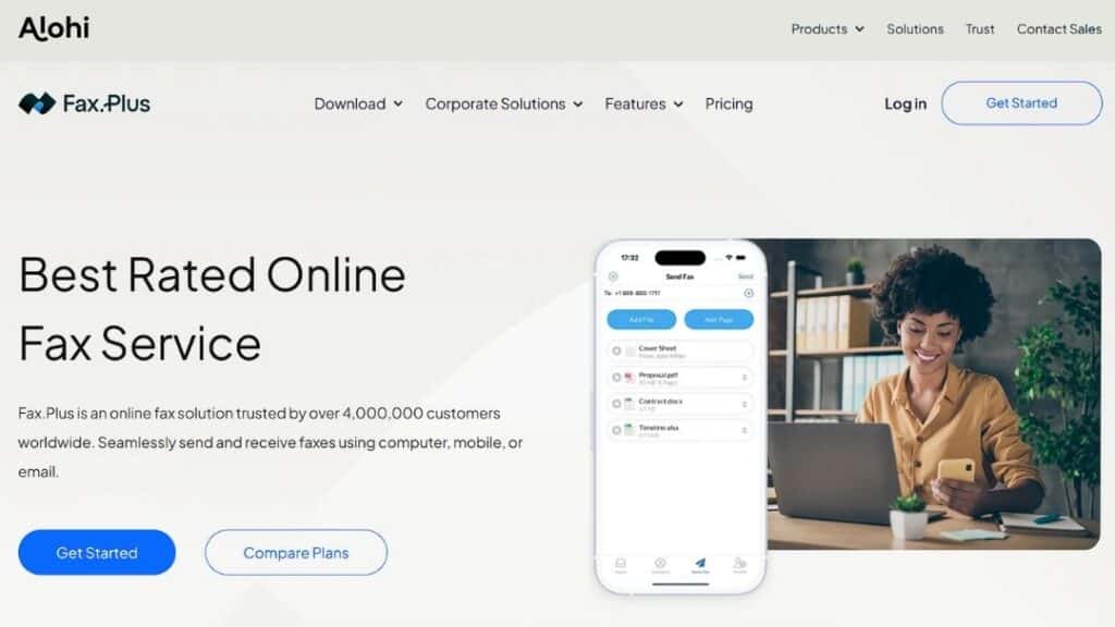 Fax.Plus homepage: Best-rated online fax service, mobile app mockup with woman sending faxes from phone, trusted by 4M+ customers, send/receive via computer/mobile/email