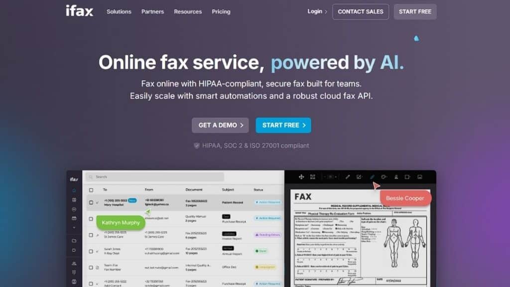 Fax homepage: AI-powered online fax service, HIPAA-compliant secure cloud fax for teams, dashboard mockup with medical records and inbox, GET A DEMO & START FREE buttons
