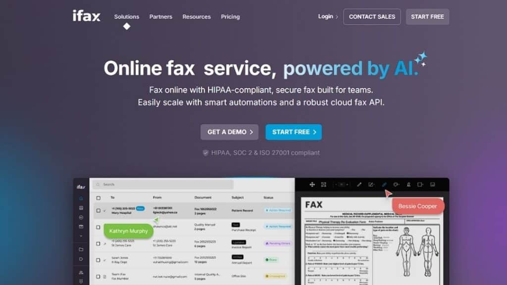 iFax homepage promoting online fax service powered by AI with HIPAA-compliant secure fax for teams, showing interface with fax inbox and patient record document, SOC 2 and ISO 27001 compliant cloud fax API