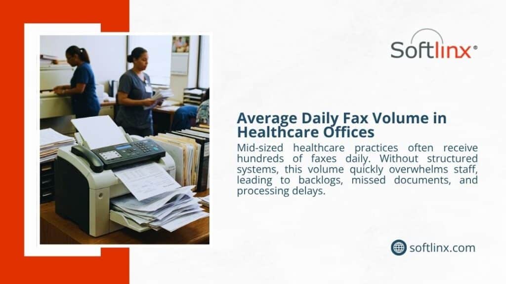 Healthcare office fax machine overloaded with documents, illustrating high average daily fax volume causing backlogs and processing delays.