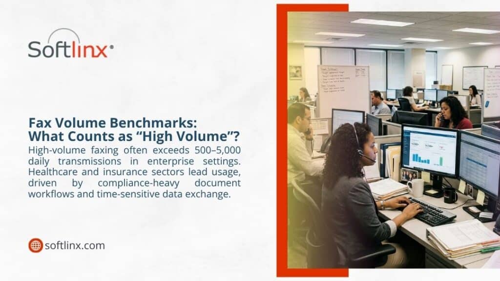 Busy enterprise call centre managing high-volume fax benchmarks of 500–5,000 daily transmissions in healthcare and insurance sectors.
