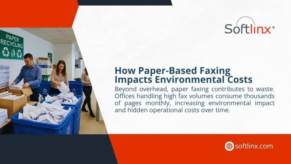 Office workers sorting paper fax waste into recycling bins, illustrating the environmental costs of high-volume paper-based faxing.