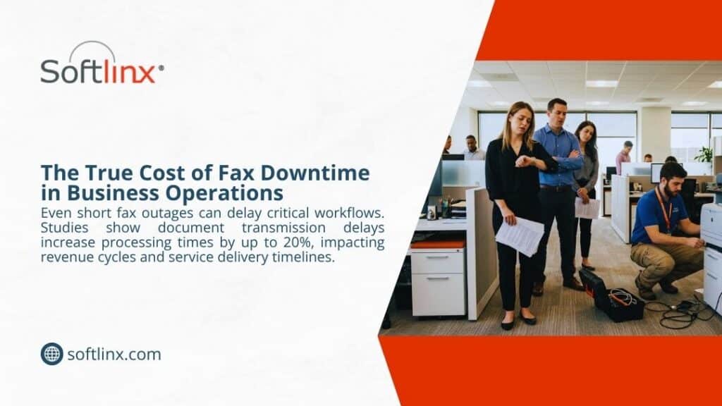 Frustrated office staff experiencing fax downtime, highlighting the true cost of outages increasing processing times by up to 20%