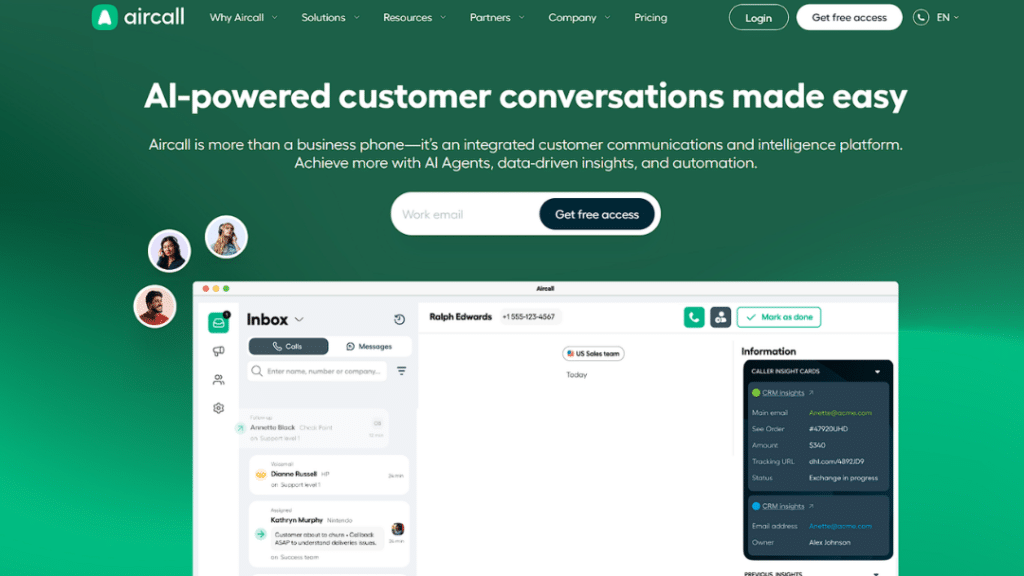 Aircall homepage showcasing its AI-powered customer conversations platform with headline "AI-powered customer conversations made easy", inbox interface with messages, calls, CRM insights, and caller cards.
