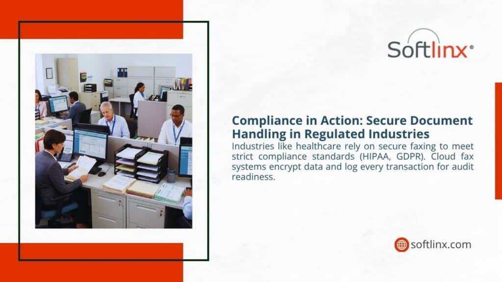 Staff process documents at workstations in a regulated office environment, illustrating compliance in action through secure document handling in regulated industries.
