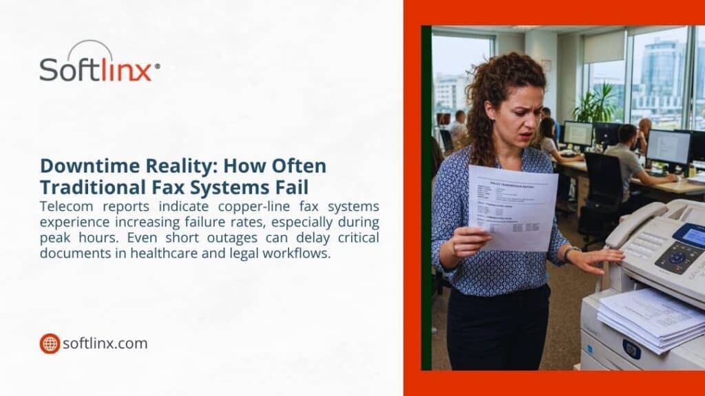 Frustrated woman holding documents beside a traditional fax machine in an office, with headline "Downtime Reality: How Often Traditional Fax Systems Fail" by Softlinx.