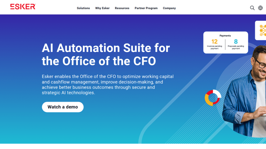 Esker homepage showcasing its AI Automation Suite for the Office of the CFO, optimizing cashflow, payments, and financial decision-making.