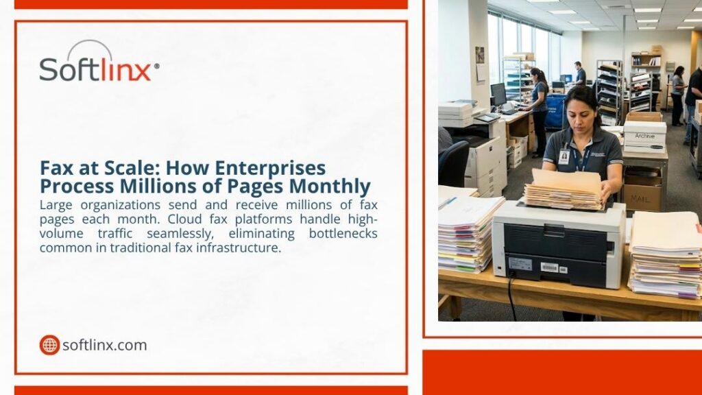 Workers manage large volumes of paper documents and printers in a busy enterprise mail room, illustrating how enterprises process millions of fax pages monthly.