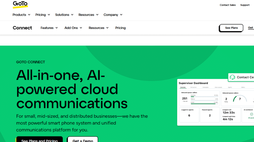 GoTo Connect homepage showcasing its all-in-one, AI-powered cloud communications platform with "All-in-one, AI-powered cloud communications" headline for small, mid-sized, and distributed businesses, featuring supervisor dashboard with real-time metrics like inbound queue callers, logged in agents, and AI sentiment.