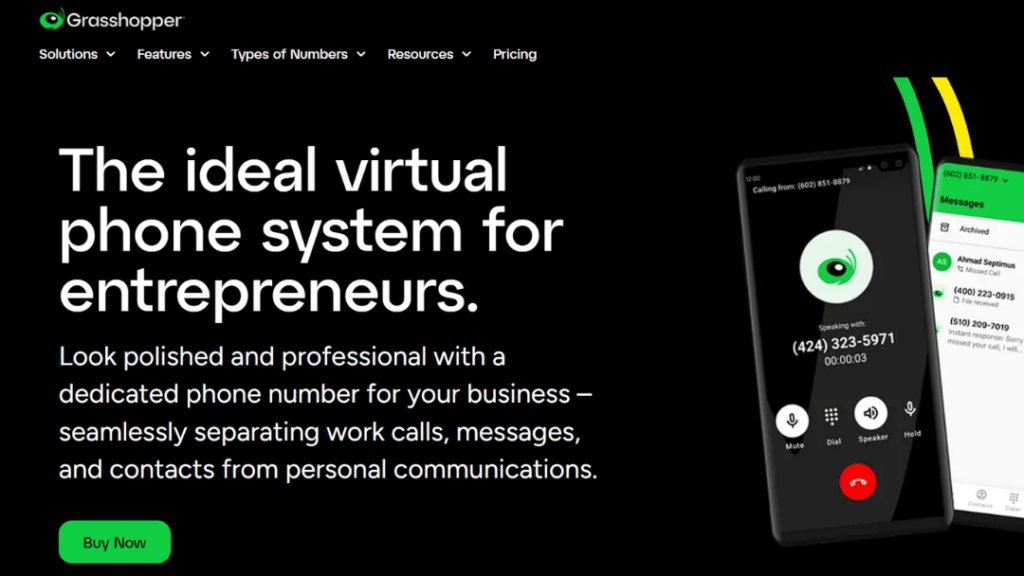 Grasshopper homepage showcasing its virtual phone system for entrepreneurs with headline "The ideal virtual phone system for entrepreneurs" and smartphone interface displaying professional calls and messages.