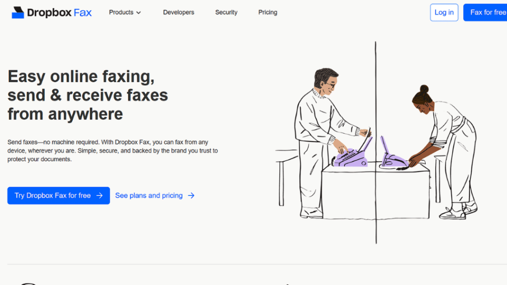 Dropbox Fax homepage with an illustration of two people using a fax machine, promoting easy online faxing from any device without hardware.