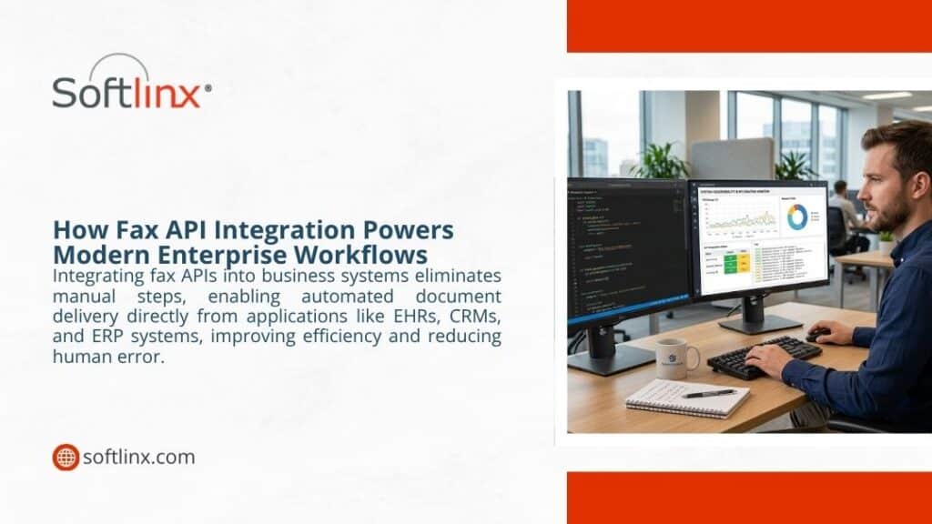 A developer works across dual monitors displaying code and system dashboards, illustrating how fax API integration powers modern enterprise workflows.