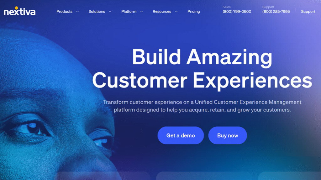 Nextiva homepage promoting its Unified Customer Experience Management platform to help businesses acquire, retain, and grow customers