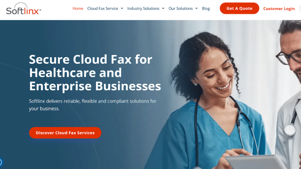 Healthcare professionals reviewing tablet with secure cloud fax technology for HIPAA-compliant medical document transmission