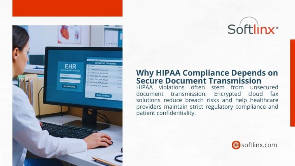 A healthcare worker logs into a secure EHR document transfer system, illustrating why HIPAA compliance depends on secure document transmission.