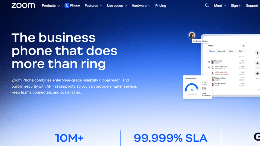 Zoom Phone homepage showcasing its AI-first business phone system with enterprise reliability, global reach, and 99.999% SLA uptime.