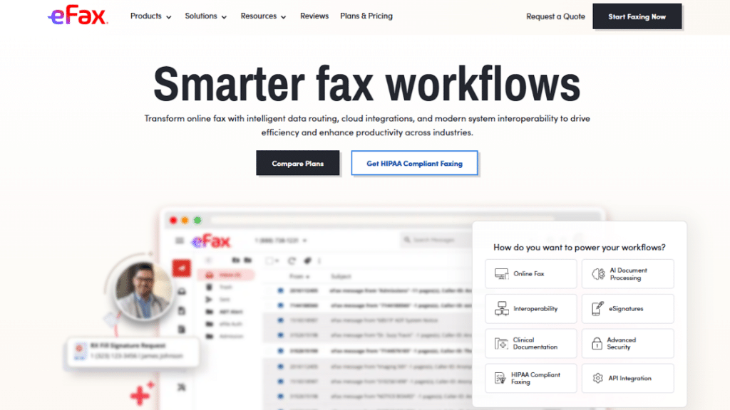 eFax homepage promoting smarter fax workflows with HIPAA-compliant faxing, AI document processing, eSignatures, and cloud integrations.