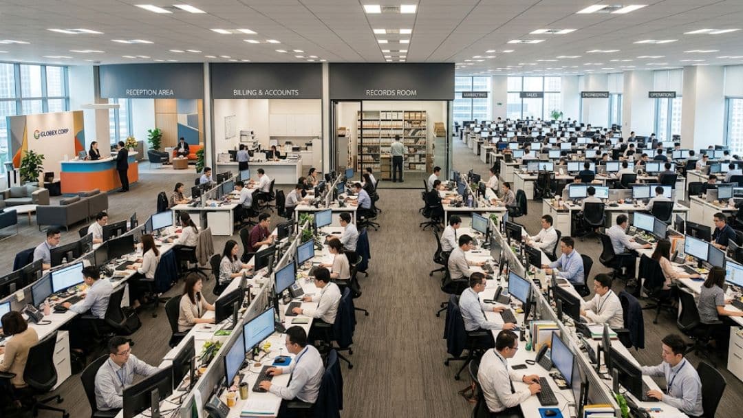A large open-plan office with labeled departments including reception, billing, records room, and operations, illustrating how multiple departments can share one centralized cloud fax system.