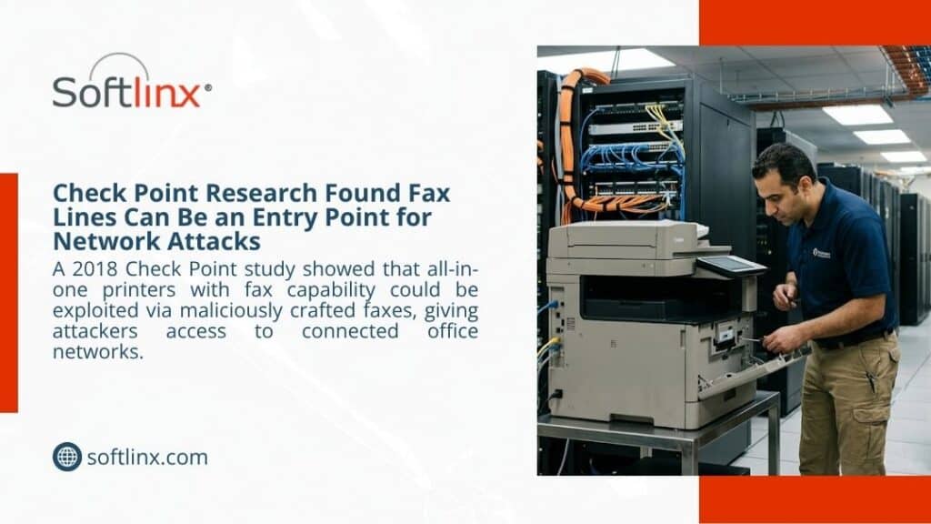 Softlinx infographic showing an IT technician inspecting a multifunction fax printer in a server room, highlighting Check Point Research findings that fax lines can be exploited for network attacks.
