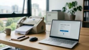 A traditional fax machine next to a laptop displaying a secure portal login screen, comparing cloud fax security features against conventional fax machines in a modern office setting.