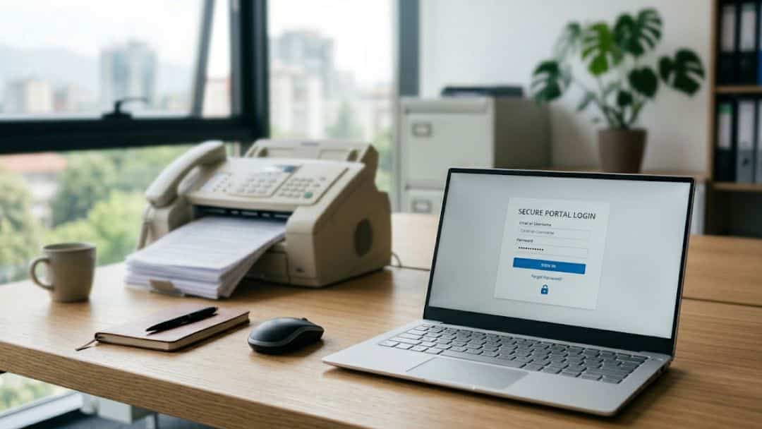 A traditional fax machine next to a laptop displaying a secure portal login screen, comparing cloud fax security features against conventional fax machines in a modern office setting.