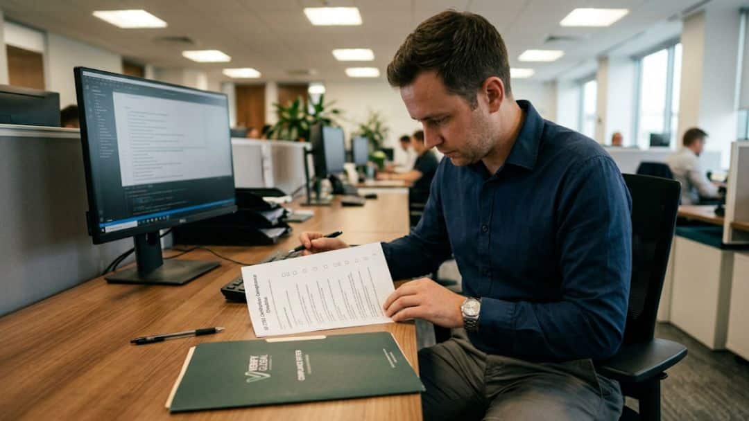 A compliance officer reviewing a certification checklist at an office desk, illustrating what compliance certifications a cloud fax provider should hold for healthcare data security.