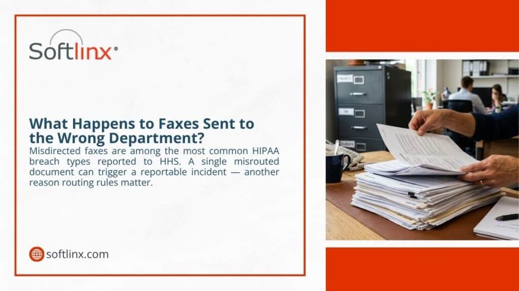 Softlinx infographic showing an office worker sorting through a large stack of documents, warning that misdirected faxes are among the most common HIPAA breach types reported to HHS.