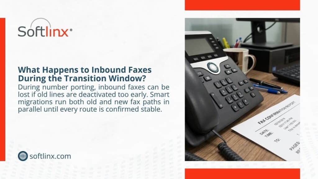 Softlinx infographic showing an office desk phone next to a fax confirmation report, explaining how inbound faxes can be lost during number porting if old lines are deactivated too early.