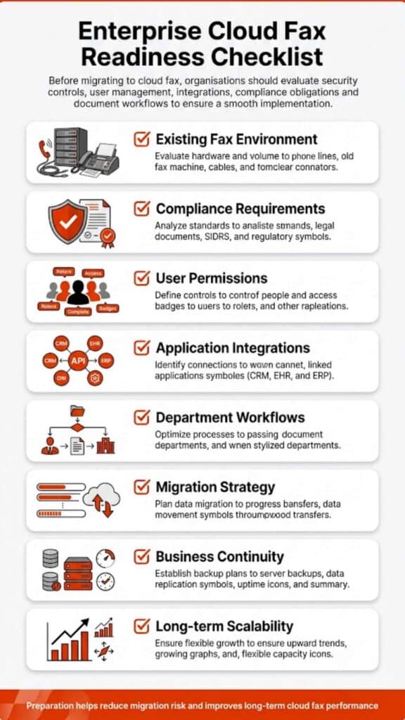 Infographic: Enterprise cloud fax readiness checklist — compliance, user permissions, application integrations, migration strategy, and scalability