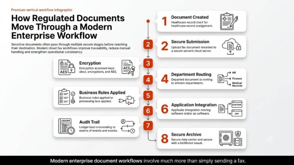 Infographic: How regulated documents move through a modern enterprise workflow — 8 steps from creation through encryption, routing, to archive