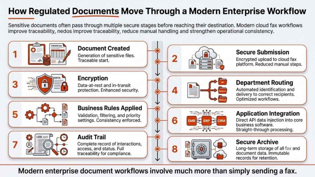 Infographic: 8-step regulated document workflow in a modern enterprise — creation, encryption, routing, integration, and secure archive