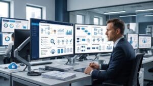 Softlinx vs Concord — professional at dual-monitor workstation viewing cloud dashboard with document routing, audit logs, and workflow automation