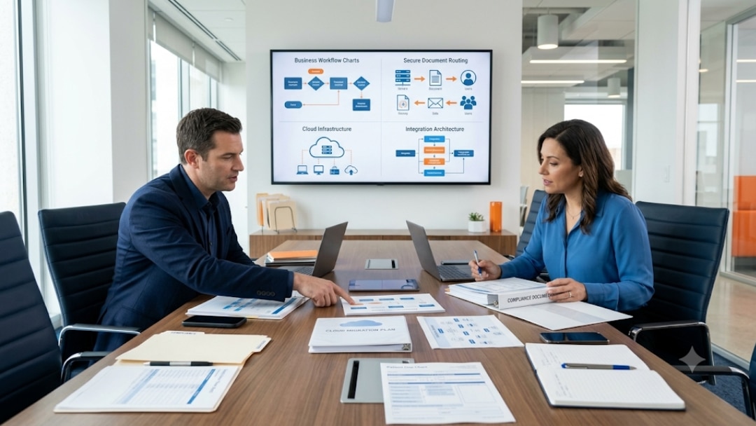 Softlinx vs Etherfax — two colleagues discussing cloud fax migration plan in meeting room with workflow charts and integration architecture on screen