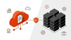 Softlinx vs OpenText illustration — secure cloud fax platform icon beside on-premise server infrastructure, split-screen comparison graphic