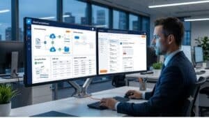 Softlinx vs eFax — professional using dual monitors showing cloud fax dashboard with document routing, encryption status, and audit logs