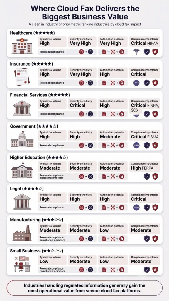 Infographic ranking industries by cloud fax business value — Healthcare, Insurance, and Financial Services score highest for security and compliance